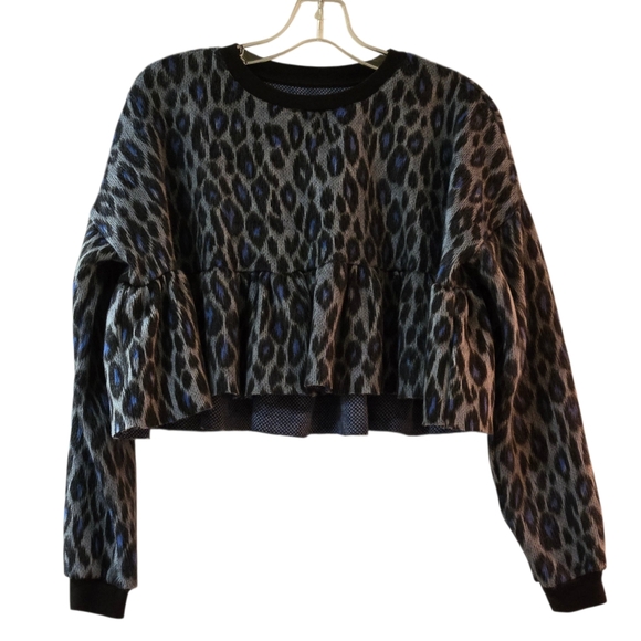 Urban Outfitters Animal Print Cropped Top Faux Fur Sweater Medium Blue Black - Picture 10 of 13